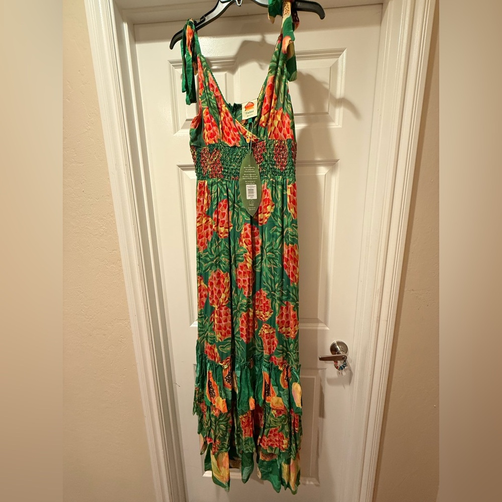 Farm Rio Pineapple Dress Womens Large Green Maxi Smocked Boho Ruffle Tie New Tag